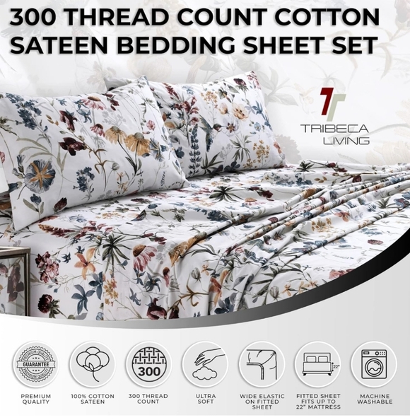 Tribeca Living Deep Pocket Queen Sheet Set - 300 Thread Count Cotton Sateen - Picture 3 of 9